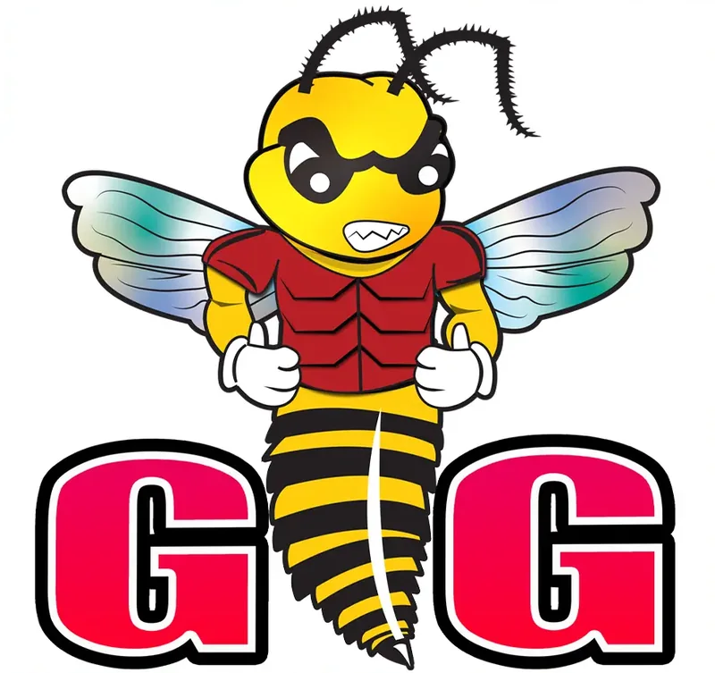 A muscular cartoon bee giving two thumbs up between the letters GG.