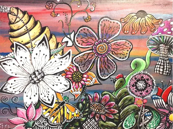 Bold patterned flowers, a mushroom and a butterfly painted in bright colors against a sunset sky.