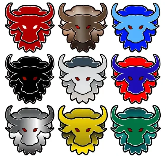 Nine buffalo head badges in a grid, each in a different color for a different tier.