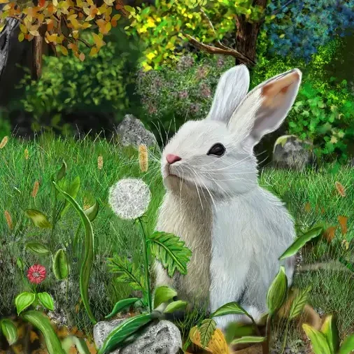 A white rabbit sitting in tall grass beside a dandelion clock, with a garden and trees behind it.