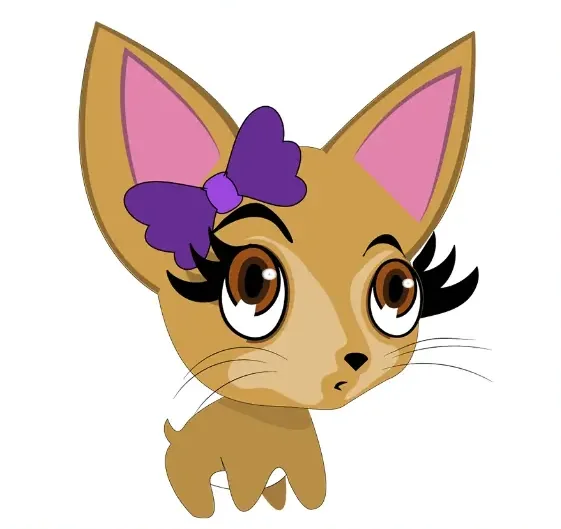 A big-eyed tan chihuahua puppy with a purple bow on one ear.