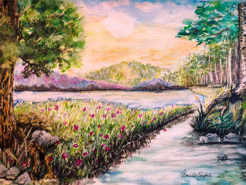A watercolor of a pink sunset over a lake, with a flowered stream bank and trees on both sides.