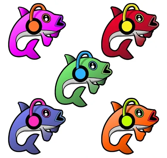 Five cartoon fish wearing headphones, each in a different color.