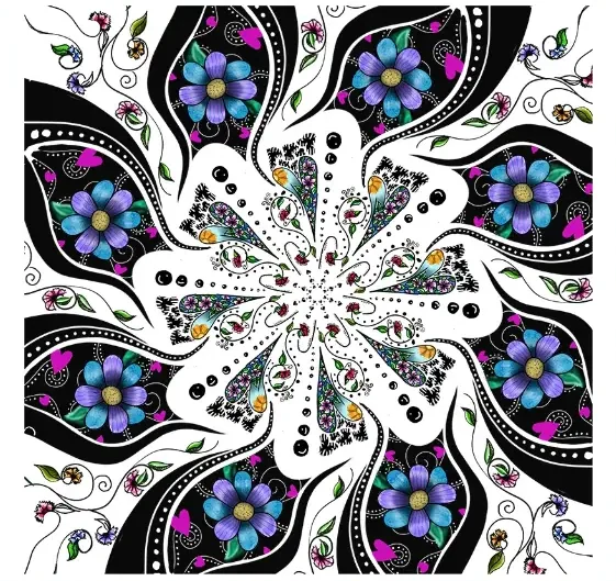 A symmetrical floral pattern in black, white and blue with small painted flowers.