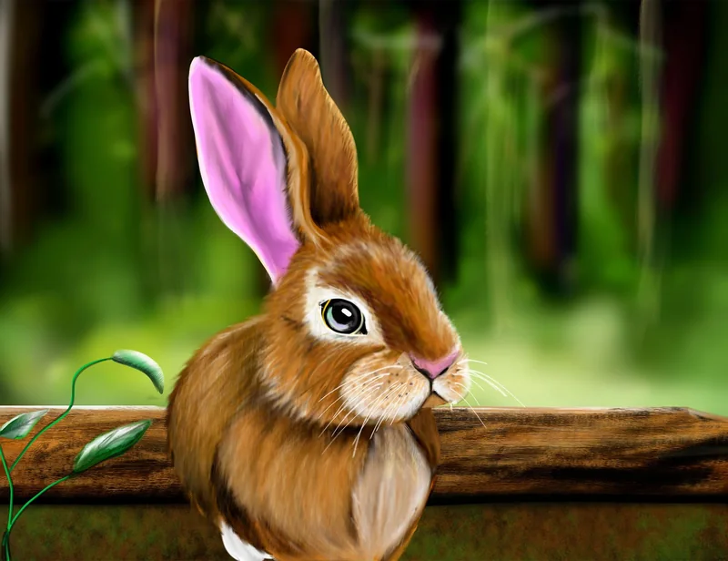 A brown rabbit with tall, light-filled ears resting on a log in a green forest.