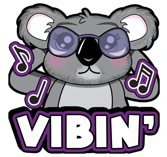 A koala in purple sunglasses with music notes around it, above the word Vibin.