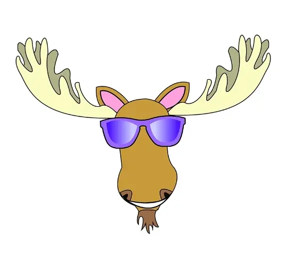A cartoon moose head with wide antlers and purple sunglasses.