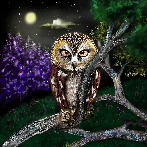 A small owl perched on a branch at night beside purple lilacs, under a full moon.