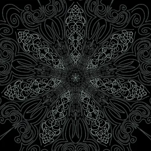 A symmetrical pattern of fine white lines and knots radiating from the center of a black ground.