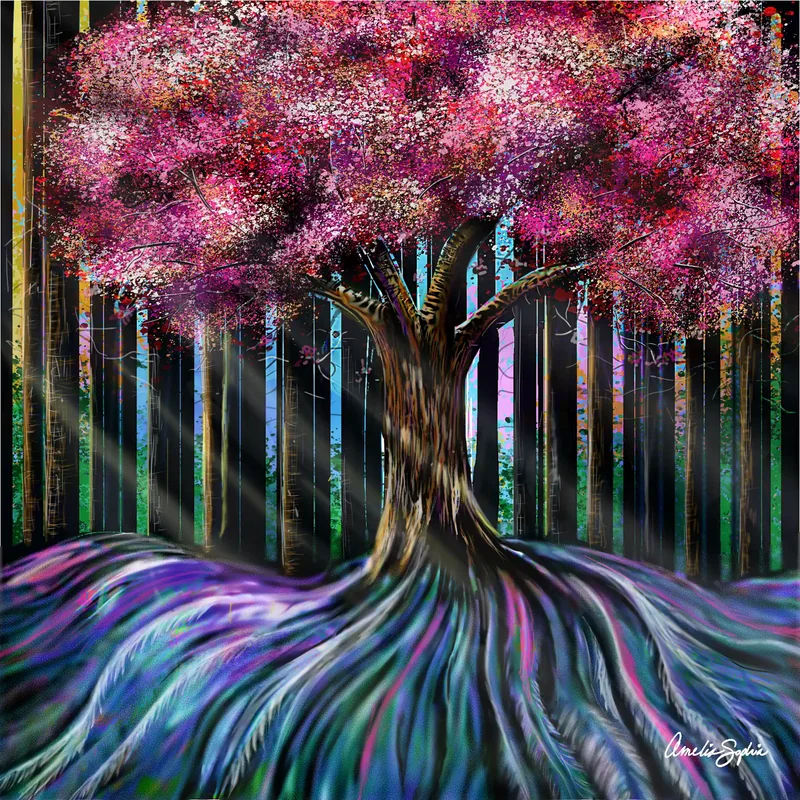 A tree with a pink blossom canopy, its roots spreading into flowing blue and violet strokes, light falling through a dark forest.