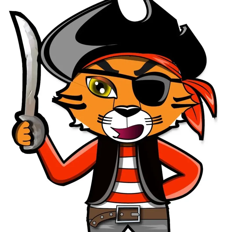 An orange tiger mascot dressed as a pirate, with an eye patch, a bandana and a raised cutlass.