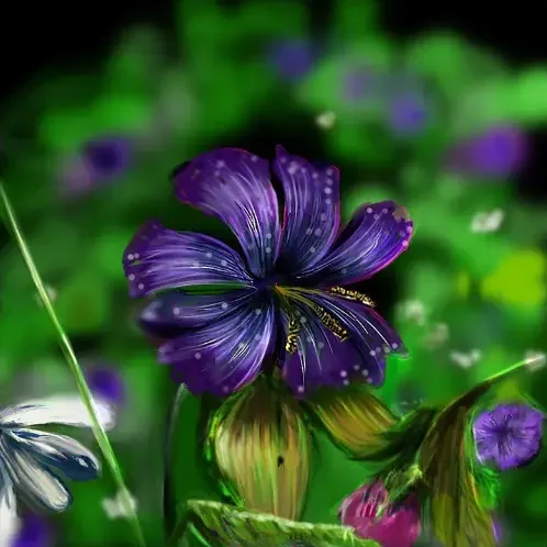 A purple flower in close focus against a soft, blurred green garden.