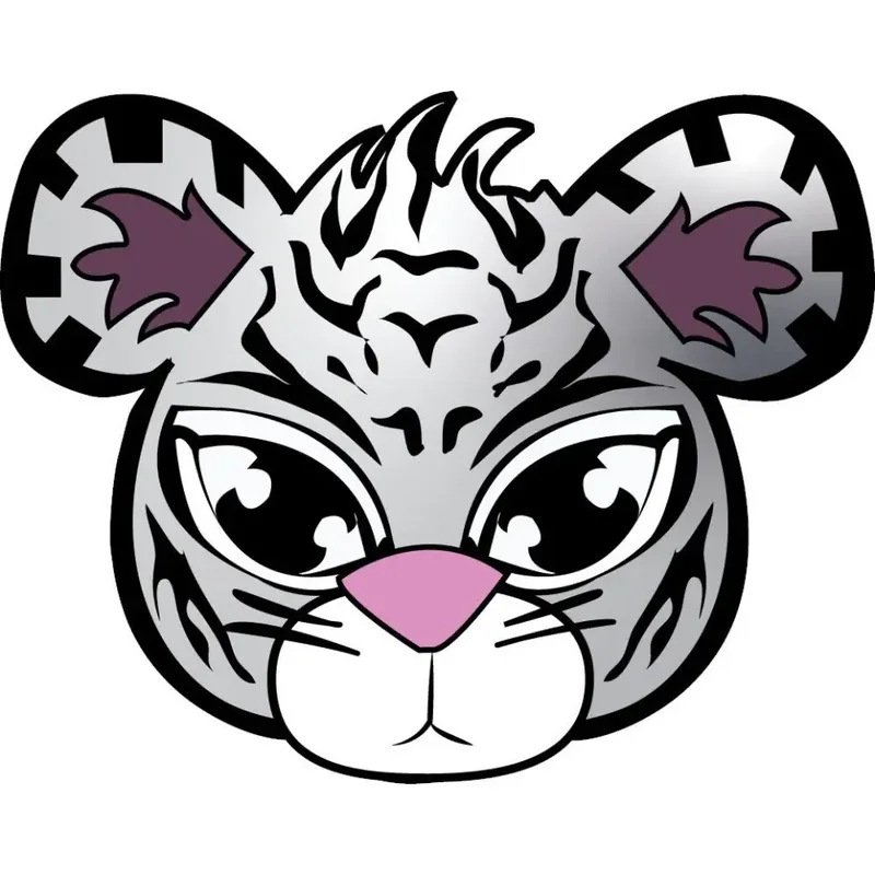 The face of a white tiger cub with big dark eyes and a pink nose, drawn as a badge.