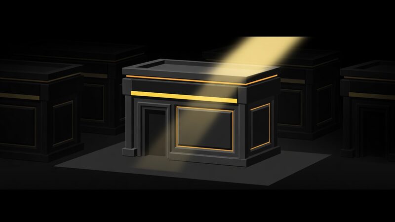 A small shop block picked out by a gold beam among many dim blocks, answer engine optimization for small business, Kief Studio, Shrewsbury Massachusetts.