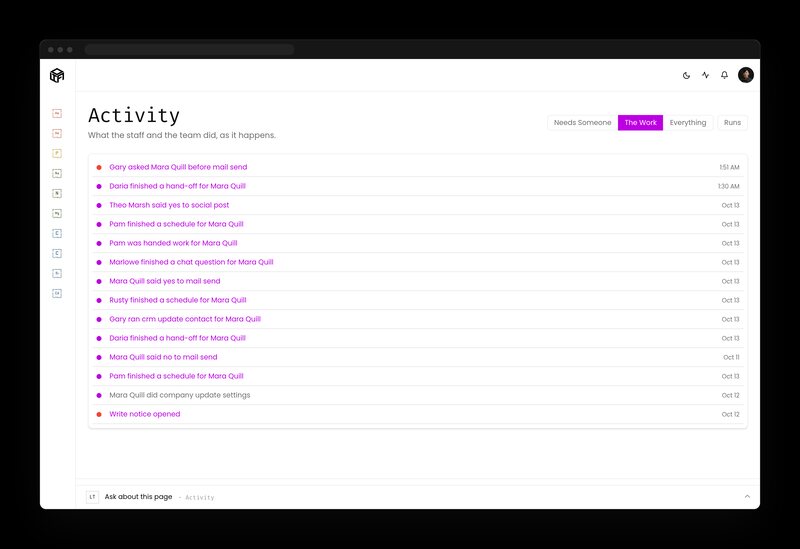 Activity log listing staff and team actions newest first, such as finished hand-offs, approvals and denials, each with a time stamp.