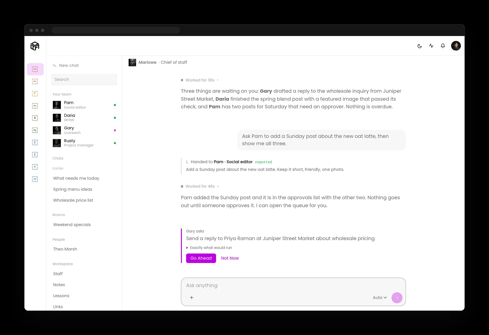 Assistant chat with the chief of staff showing a hand-off to the social editor and a wholesale reply waiting on a Go ahead button.