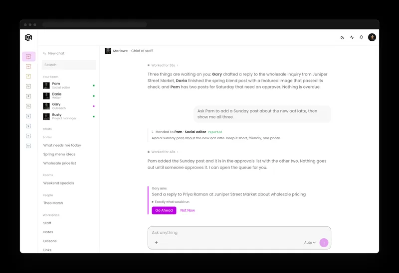 Assistant chat with the chief of staff showing a hand-off to the social editor and a wholesale reply waiting on a Go ahead button.