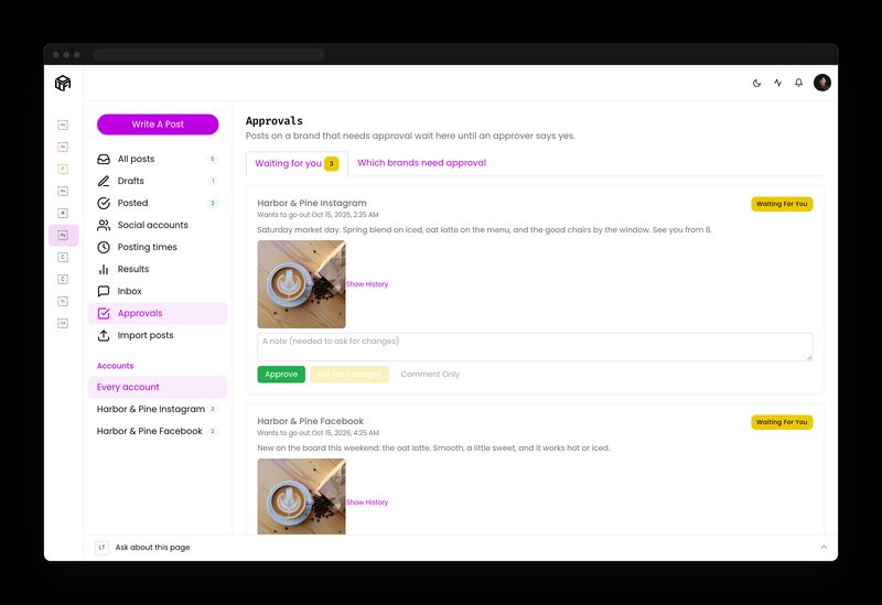 Social approvals page listing two scheduled posts for a coffee shop, each with a photo, a note box and a green Approve button.