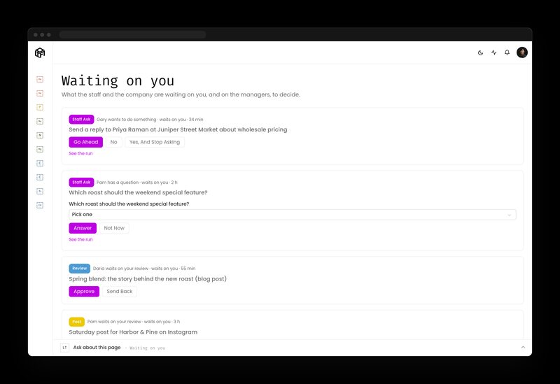 Waiting on you queue with a staff question, a reply awaiting a Go ahead, a blog post review and a social post, each with buttons.