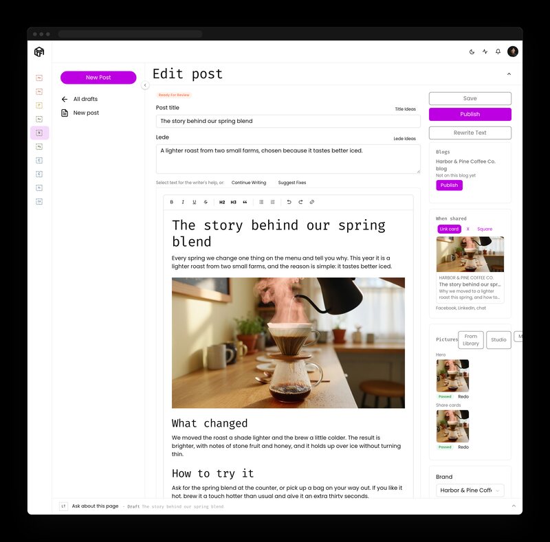 Blog post draft in review with a steaming pour-over coffee photo in the body, share card previews, and Publish and Rewrite buttons on the right.